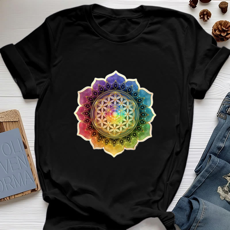 Olivenorma 7 Chakra Medala Flower of Life Cotton T-Shirt - Black - 2XL - image 5