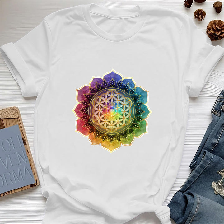 Olivenorma 7 Chakra Medala Flower of Life Cotton T-Shirt - White - 2XL - image 0