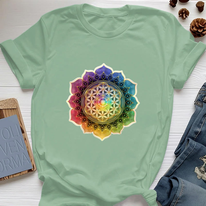 Olivenorma 7 Chakra Medala Flower of Life Cotton T-Shirt - Light Green - 2XL - image 17