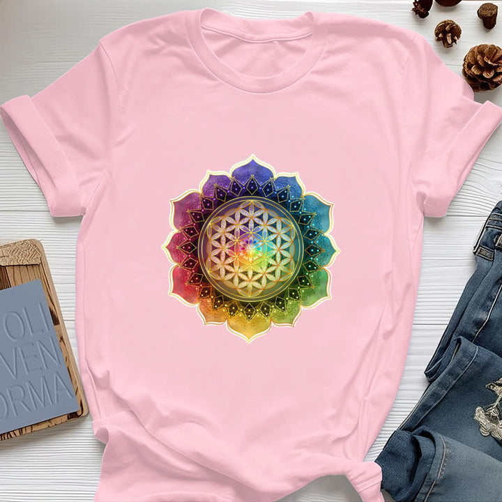 Olivenorma 7 Chakra Medala Flower of Life Cotton T-Shirt - Pink - 2XL - image 13