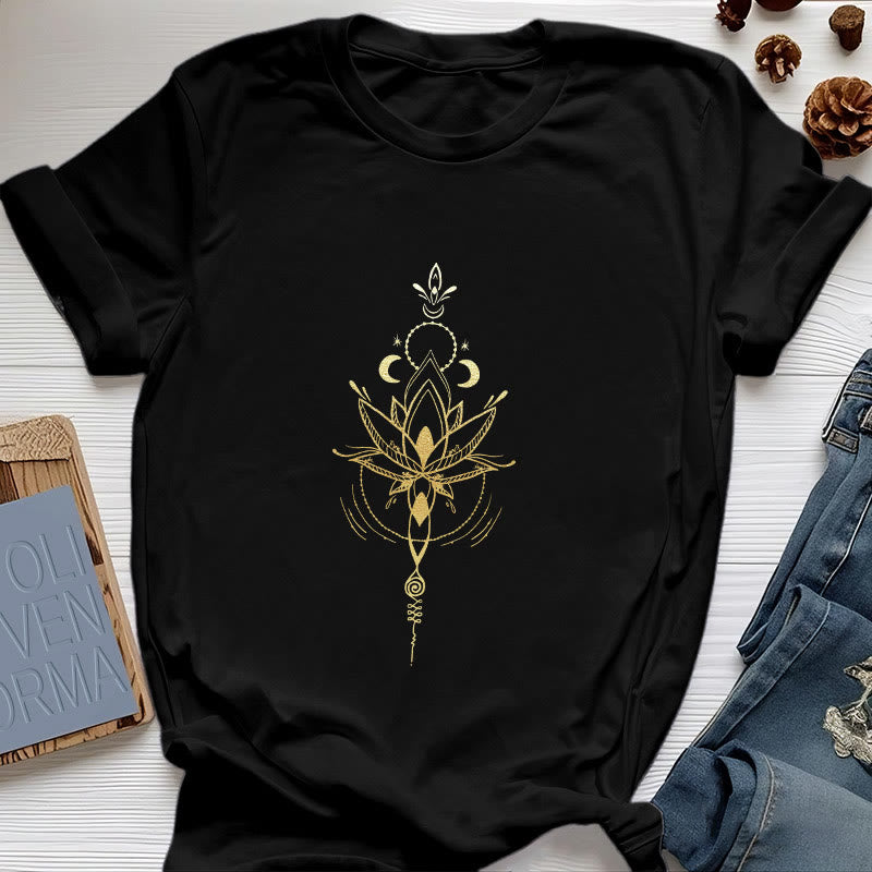 Olivenorma Moon Phase Lotus Protection Cotton T-Shirt - Black - 2XL - image 7