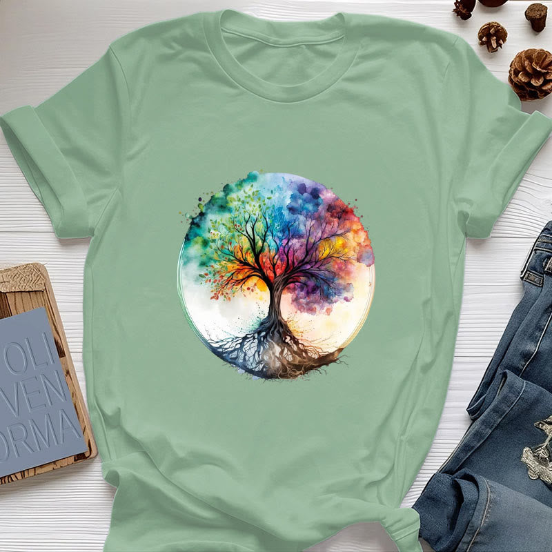Olivenorma Rainbow Tree of Life Spiritual Cotton T-Shirt - Light Green - 2XL - image 17