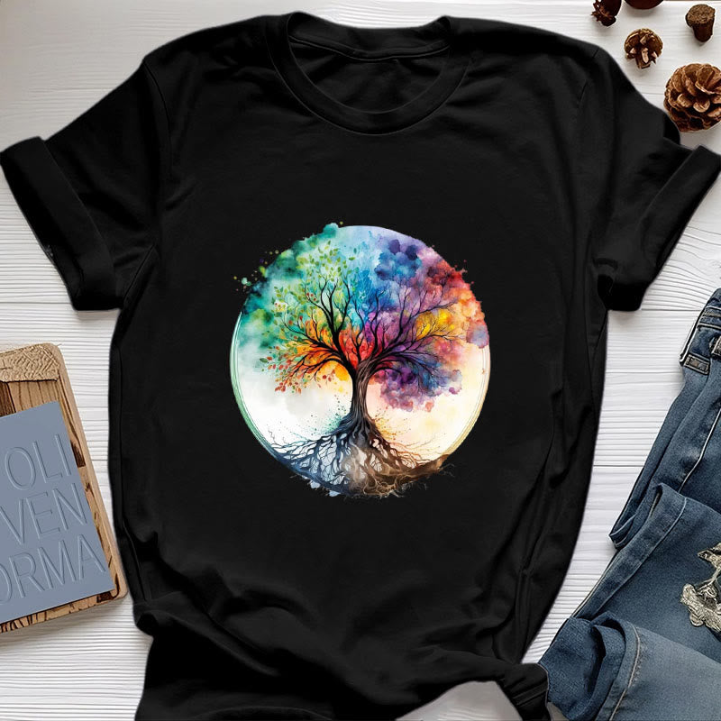 Olivenorma Rainbow Tree of Life Spiritual Cotton T-Shirt - Black - 2XL - image 5