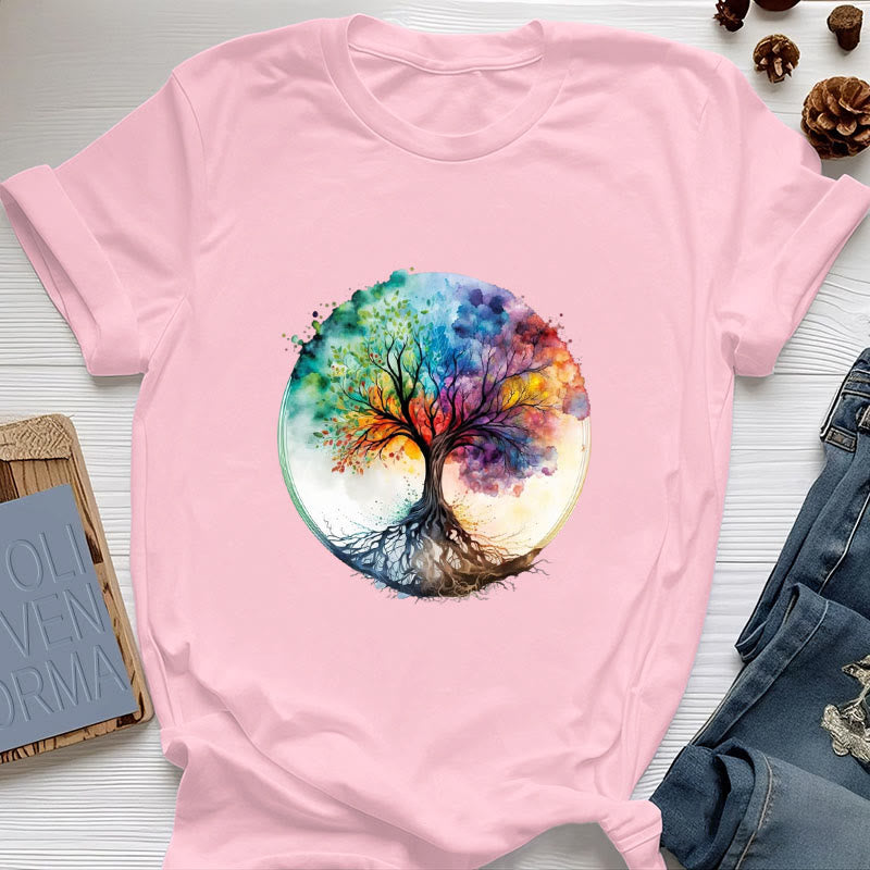 Olivenorma Rainbow Tree of Life Spiritual Cotton T-Shirt - Pink - 2XL - image 13