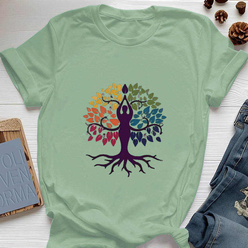 Olivenorma Yoga Tree Spiritual Cotton Tee T-Shirt - Light Green - 2XL - image 17