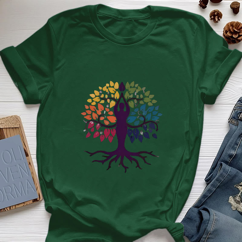 Olivenorma Yoga Tree Spiritual Cotton Tee T-Shirt - Dark Green - 2XL - image 19
