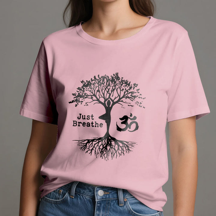 Olivenorma "JUST BREATHE" Yoga Tree OM Symbol Spiritual T-Shirt - image 16