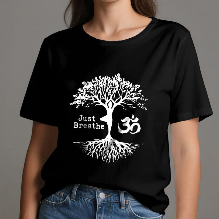 Olivenorma "JUST BREATHE" Yoga Tree OM Symbol Spiritual T-Shirt - image 8