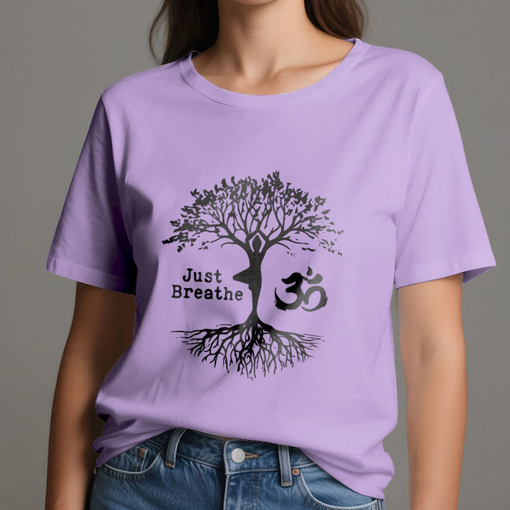 Olivenorma "JUST BREATHE" Yoga Tree OM Symbol Spiritual T-Shirt - image 18