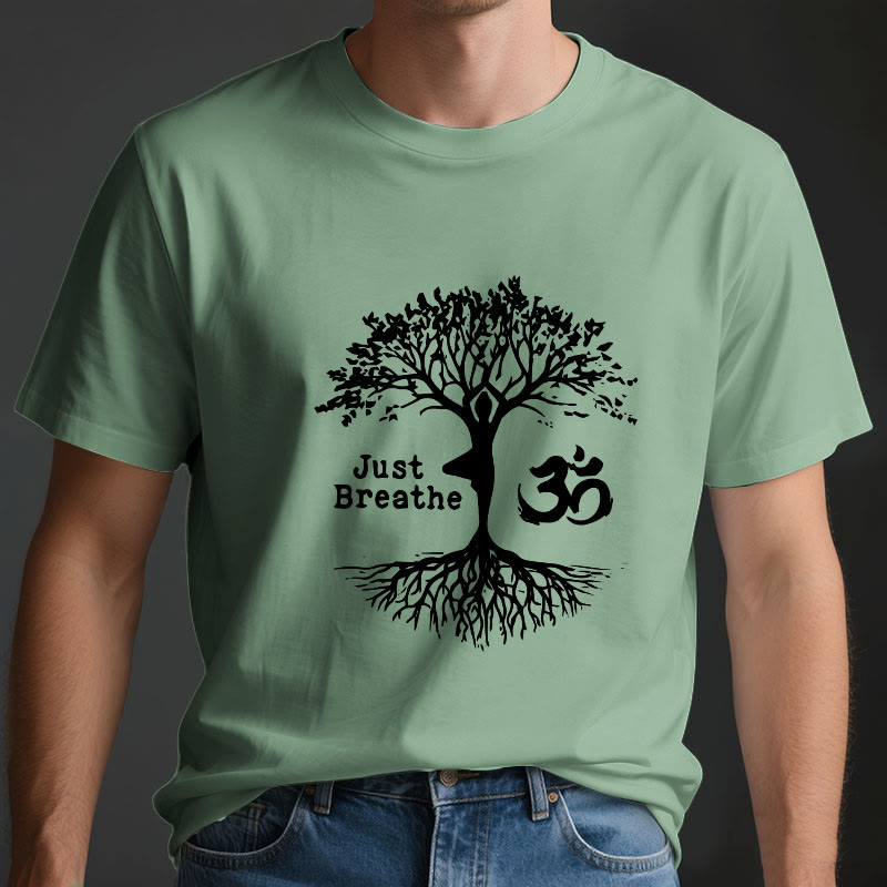 Olivenorma "JUST BREATHE" Yoga Tree OM Symbol Spiritual T-Shirt - image 3