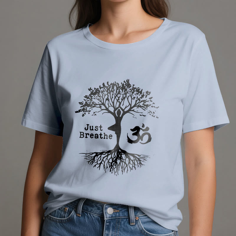 Olivenorma "JUST BREATHE" Yoga Tree OM Symbol Spiritual T-Shirt - image 14