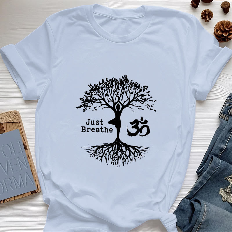 Olivenorma "JUST BREATHE" Yoga Tree OM Symbol Spiritual T-Shirt - Blue - 2XL - image 13