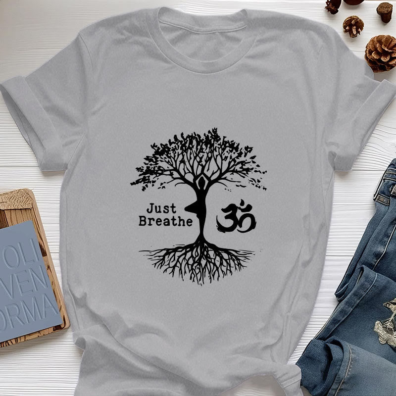 Olivenorma "JUST BREATHE" Yoga Tree OM Symbol Spiritual T-Shirt - Gray - 2XL - image 9