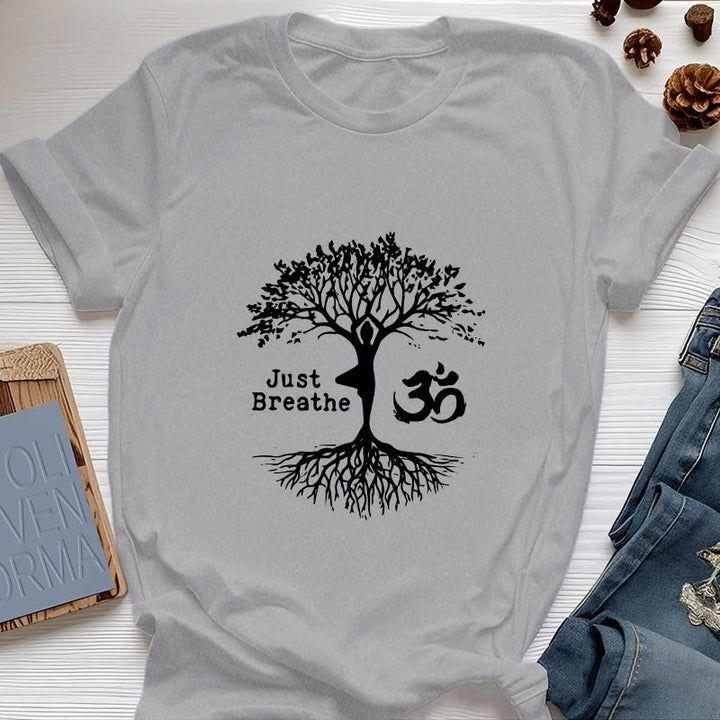 Olivenorma "JUST BREATHE" Yoga Tree OM Symbol Spiritual T-Shirt - Gray - 2XL - image 9