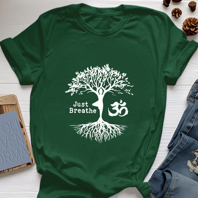 Olivenorma "JUST BREATHE" Yoga Tree OM Symbol Spiritual T-Shirt - Dark Green - 2XL - image 19