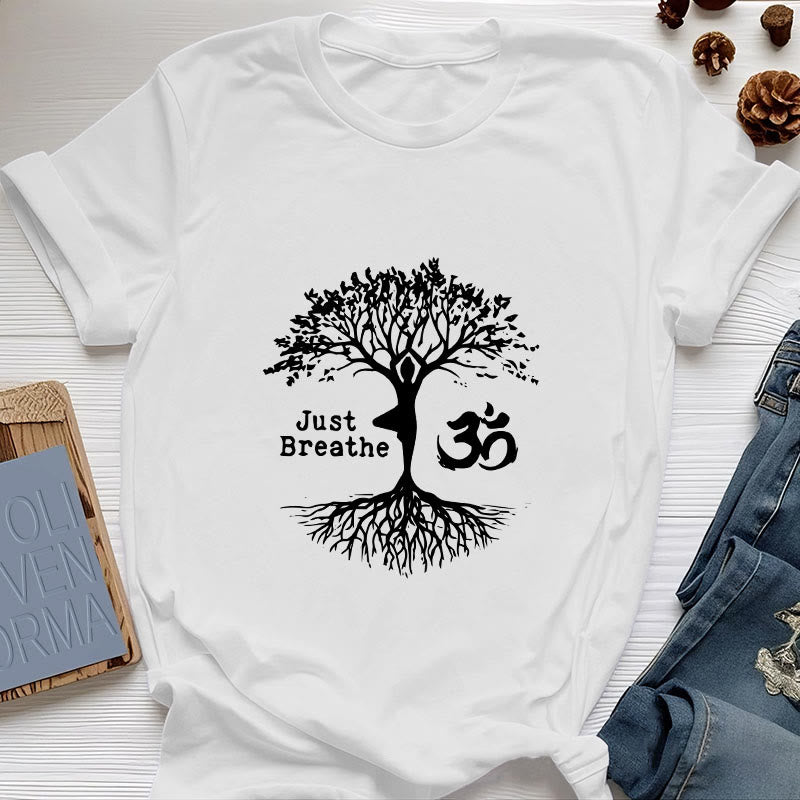 Olivenorma "JUST BREATHE" Yoga Tree OM Symbol Spiritual T-Shirt - White - 2XL - image 5