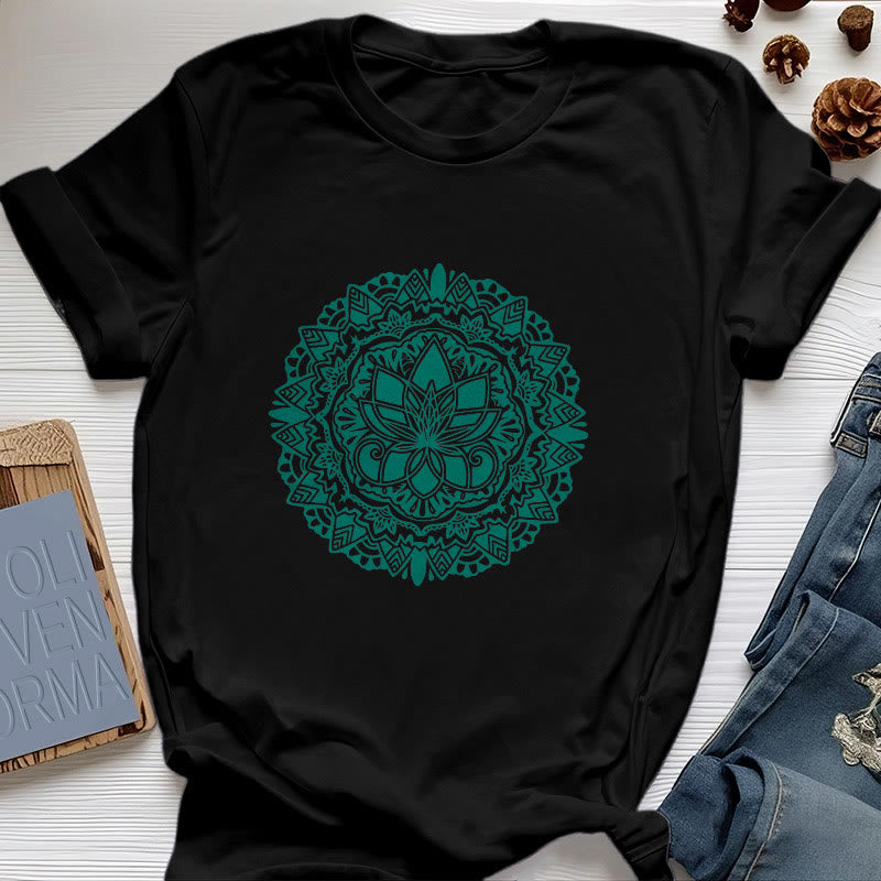 Olivenorma Green Lotus Print T-Shirt - Black - 2XL - image 4