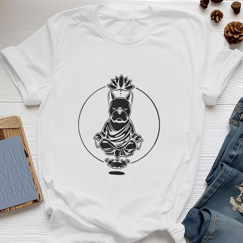 Olivenorma Zen Meditation French Bulldog Lotus T-Shirt - White - 2XL - image 4