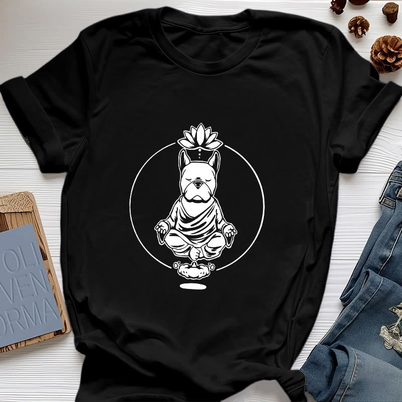 Olivenorma Zen Meditation French Bulldog Lotus T-Shirt - Black - 2XL - image 0
