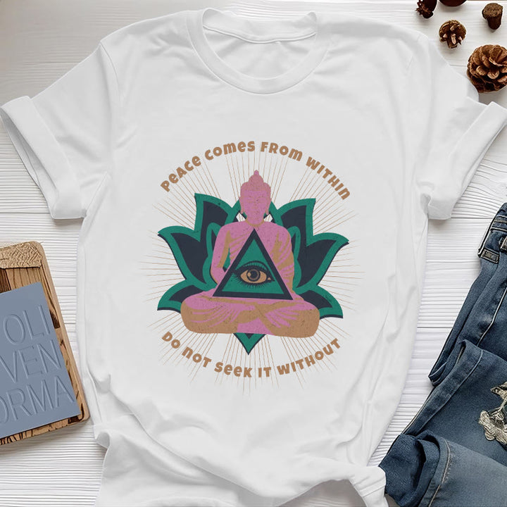 Olivenorma "PEACE COME FROM WITHIN" Buddha Lotus Spiritual T-Shirt - White - 2XL - image 5