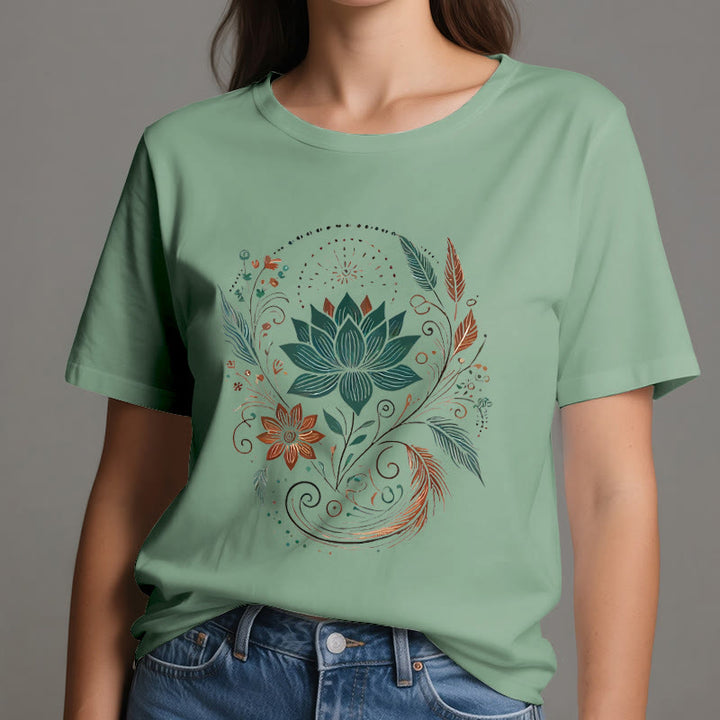 Olivenorma Lotus Flowers & Leafs Cotton Yoga T-Shirt - image 18