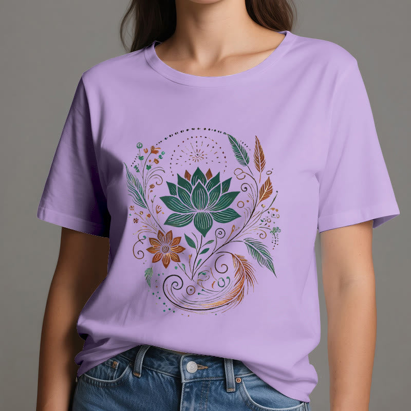 Olivenorma Lotus Flowers & Leafs Cotton Yoga T-Shirt - image 16