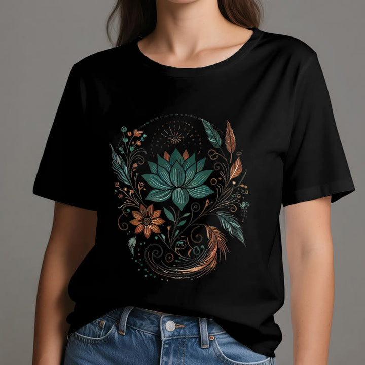 Olivenorma Lotus Flowers & Leafs Cotton Yoga T-Shirt - image 8