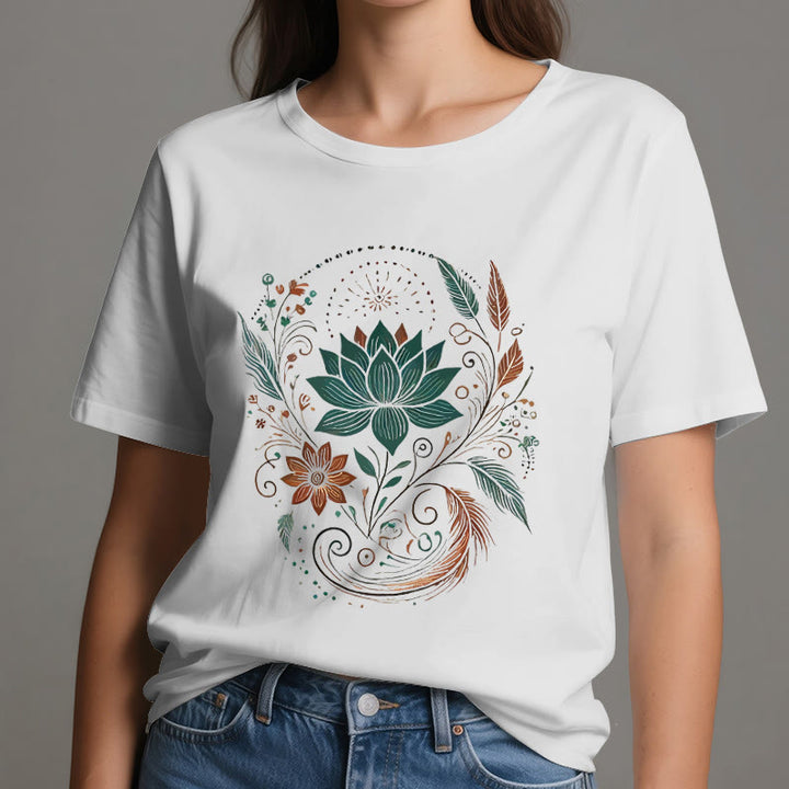 Olivenorma Lotus Flowers & Leafs Cotton Yoga T-Shirt - image 6
