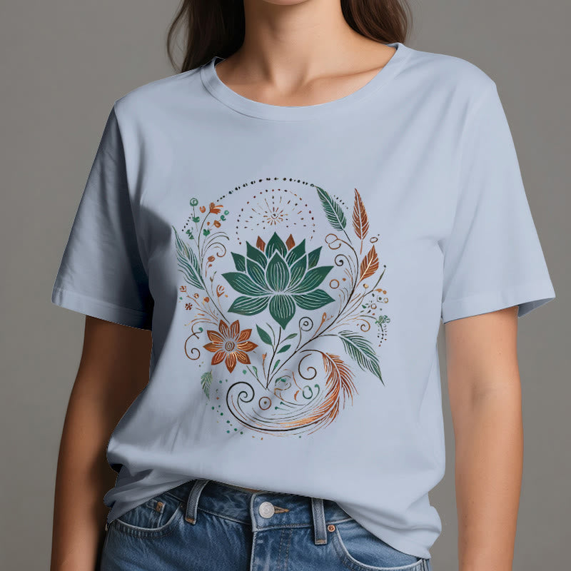 Olivenorma Lotus Flowers & Leafs Cotton Yoga T-Shirt - image 1