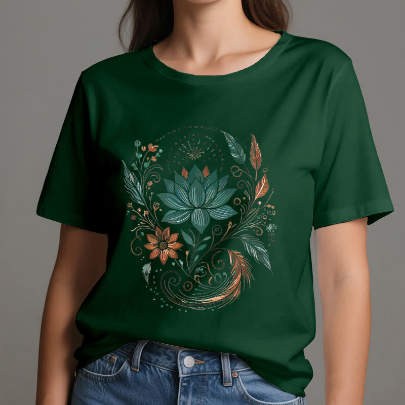 Olivenorma Lotus Flowers & Leafs Cotton Yoga T-Shirt - image 20