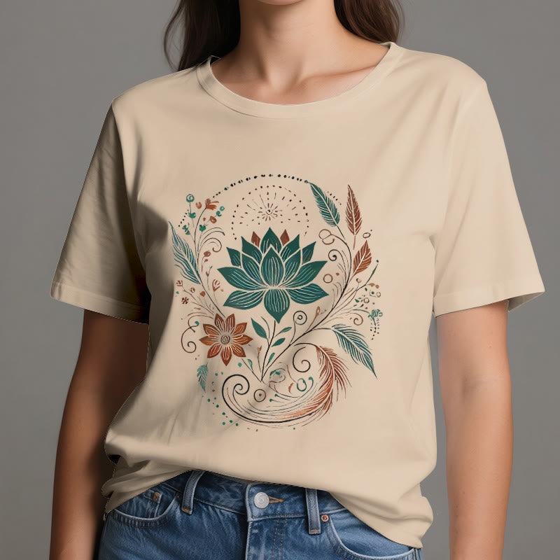 Olivenorma Lotus Flowers & Leafs Cotton Yoga T-Shirt - image 12