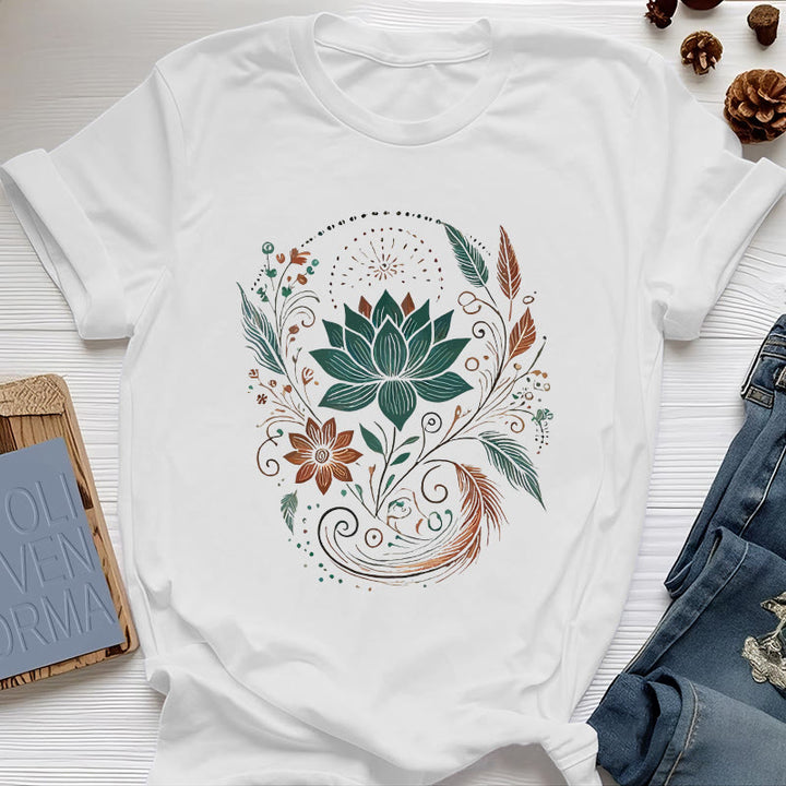 Olivenorma Lotus Flowers & Leafs Cotton Yoga T-Shirt - White - 2XL - image 5