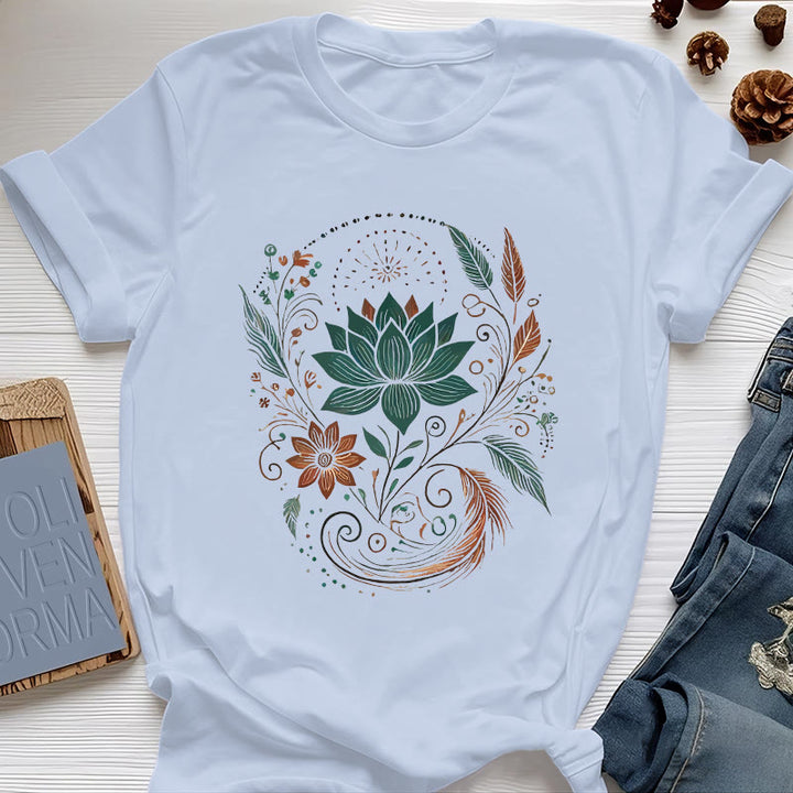 Olivenorma Lotus Flowers & Leafs Cotton Yoga T-Shirt - Blue - 2XL - image 0