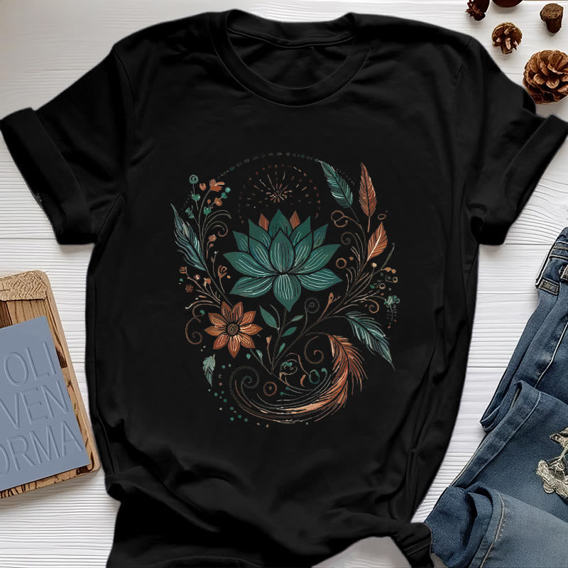 Olivenorma Lotus Flowers & Leafs Cotton Yoga T-Shirt - Black - 2XL - image 7