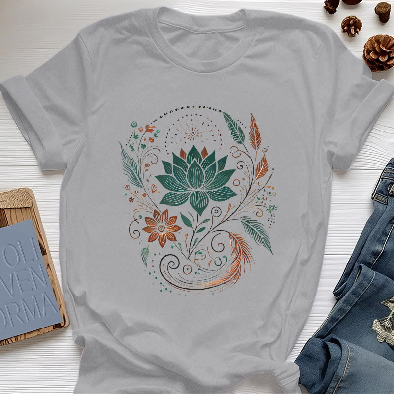 Olivenorma Lotus Flowers & Leafs Cotton Yoga T-Shirt - Gray - 2XL - image 9