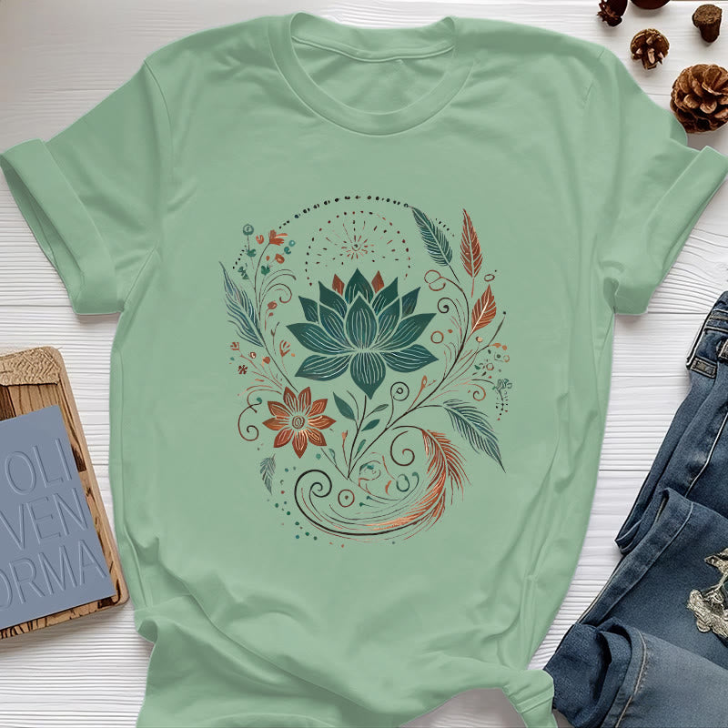 Olivenorma Lotus Flowers & Leafs Cotton Yoga T-Shirt - Light Green - 2XL - image 17