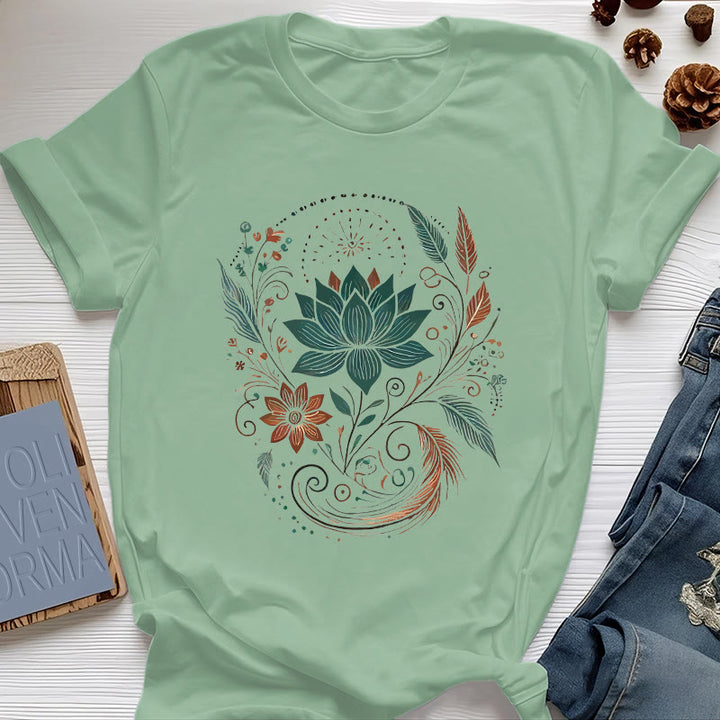 Olivenorma Lotus Flowers & Leafs Cotton Yoga T-Shirt - Light Green - 2XL - image 17