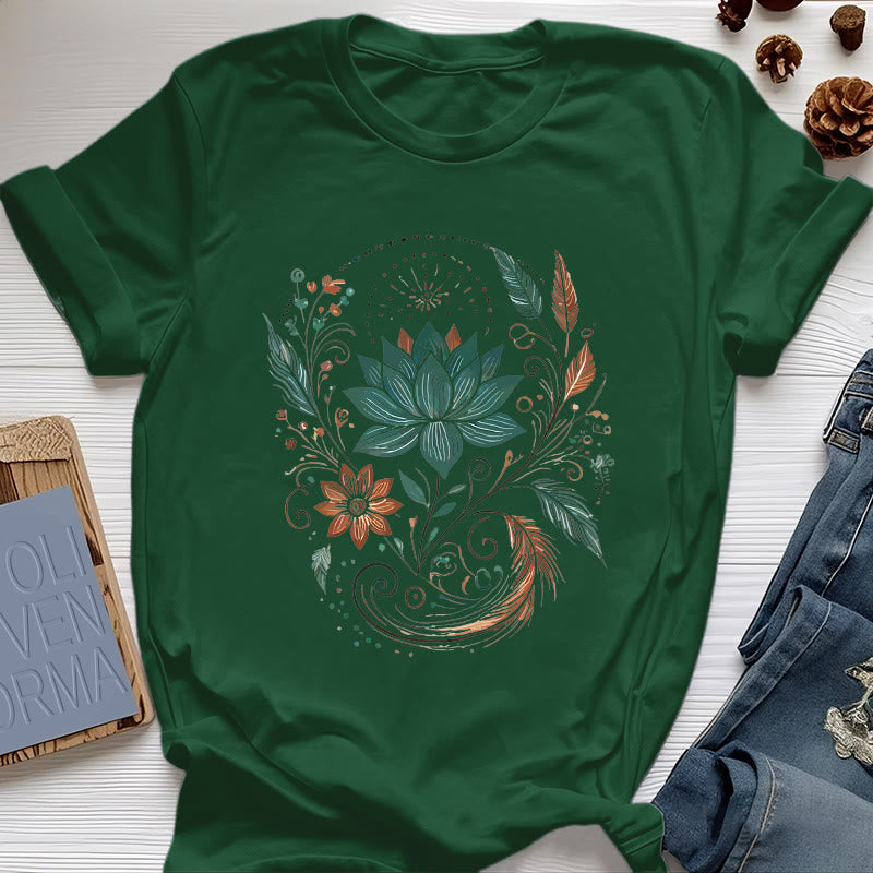 Olivenorma Lotus Flowers & Leafs Cotton Yoga T-Shirt - Dark Green - 2XL - image 19