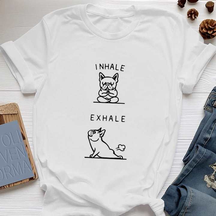 Olivenorma Bulldog "INHALE & EXHALE" Funny Spiritual T-Shirt - White - 2XL - image 0