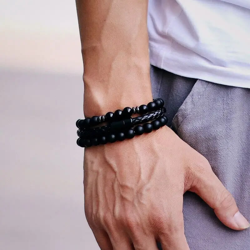 Olivenorma 3Pcs Tiger Eye Stone Leather Bracelet Set - image 3