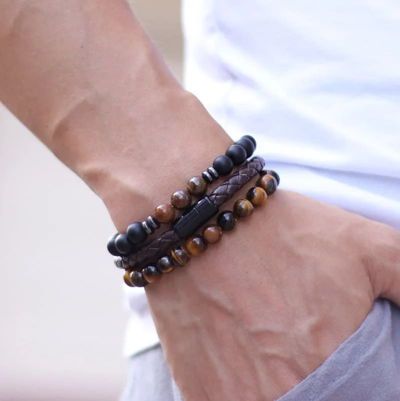 Olivenorma 3Pcs Tiger Eye Stone Leather Bracelet Set - image 1