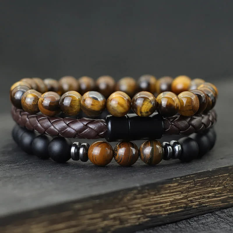 Olivenorma 3Pcs Tiger Eye Stone Leather Bracelet Set - Tiger Eye + Black Onyx - image 0