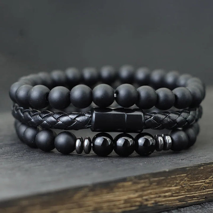 Olivenorma 3Pcs Tiger Eye Stone Leather Bracelet Set - Black Onyx + Obsidian - image 2