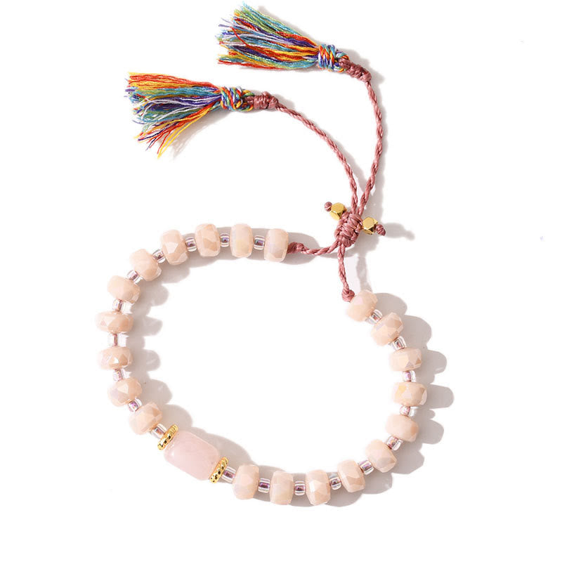 Olivenorma Glitter Boho Style Tassel Gemstone Braided Bracelet - Rose Quartz + Pink Glaze - image 0