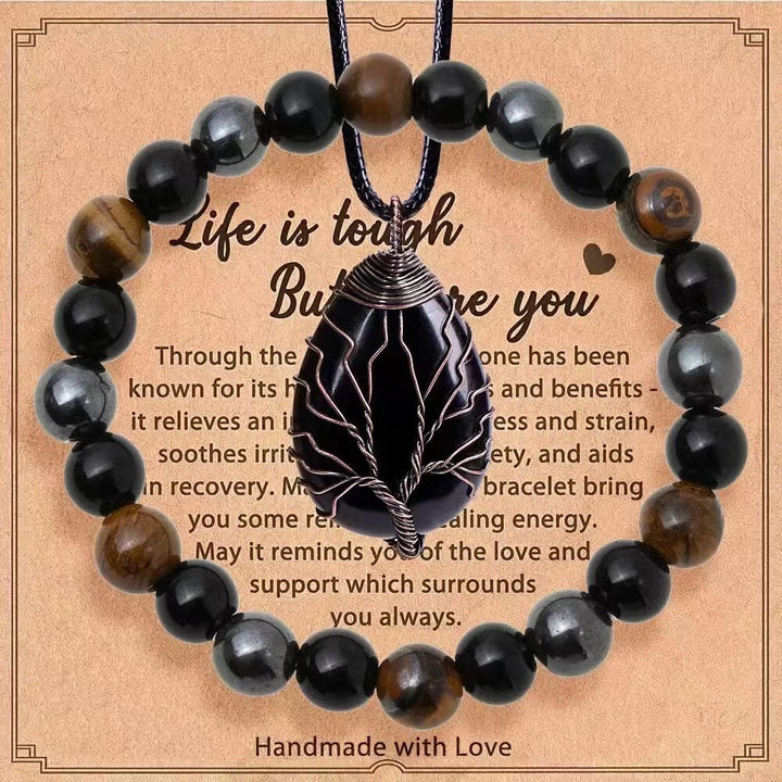 Olivenorma "Life Is Tough, But So Are You" Healing Gemstone Bracelet Necklace Jewelry Set - Obsidian + Tiger Eye + Hematite - image 12