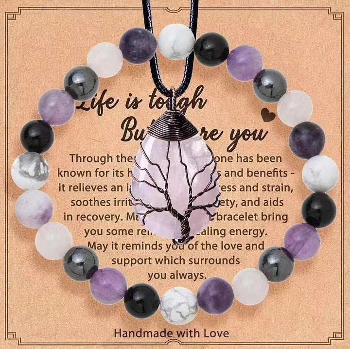 Olivenorma "Life Is Tough, But So Are You" Healing Gemstone Bracelet Necklace Jewelry Set - Amethyst + Howlite +Hematite - image 4