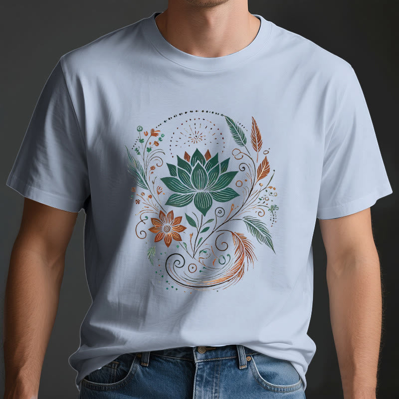 Olivenorma Lotus Flowers & Leafs Cotton Yoga T-Shirt - image 3