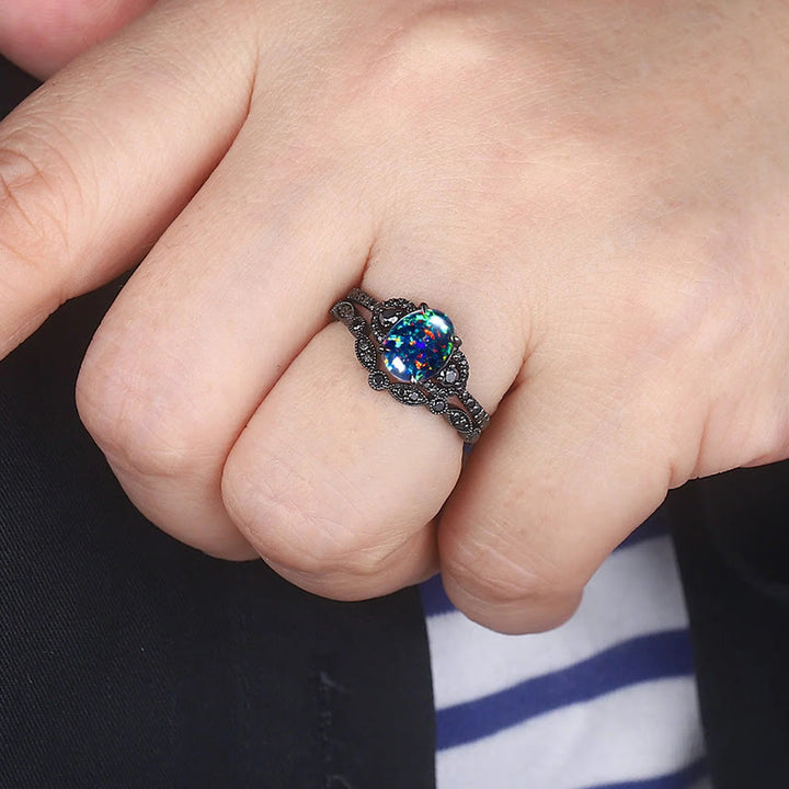 Olivenorma 2Pcs Oval Shape Black Fire Opal Engagement Ring Set - image 2
