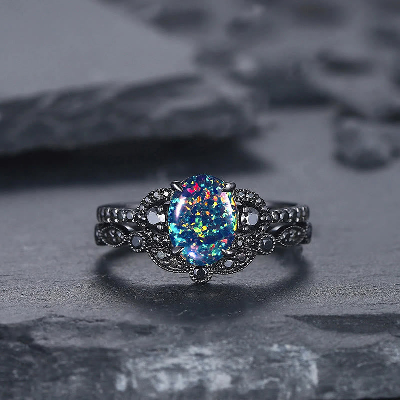 Olivenorma 2Pcs Oval Shape Black Fire Opal Engagement Ring Set - image 6