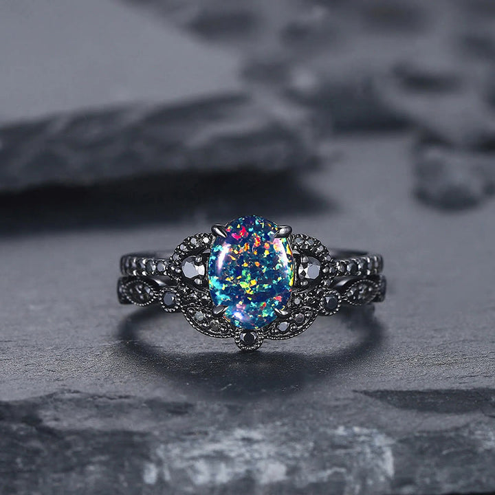 Olivenorma 2Pcs Oval Shape Black Fire Opal Engagement Ring Set - image 6